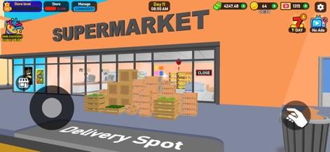 Supermarket Tycoon 3D - This game illustrates key logistical areas such as the designated delivery spot for inventory, alongside dynamic exterior promotional banners that drive customer engagement.