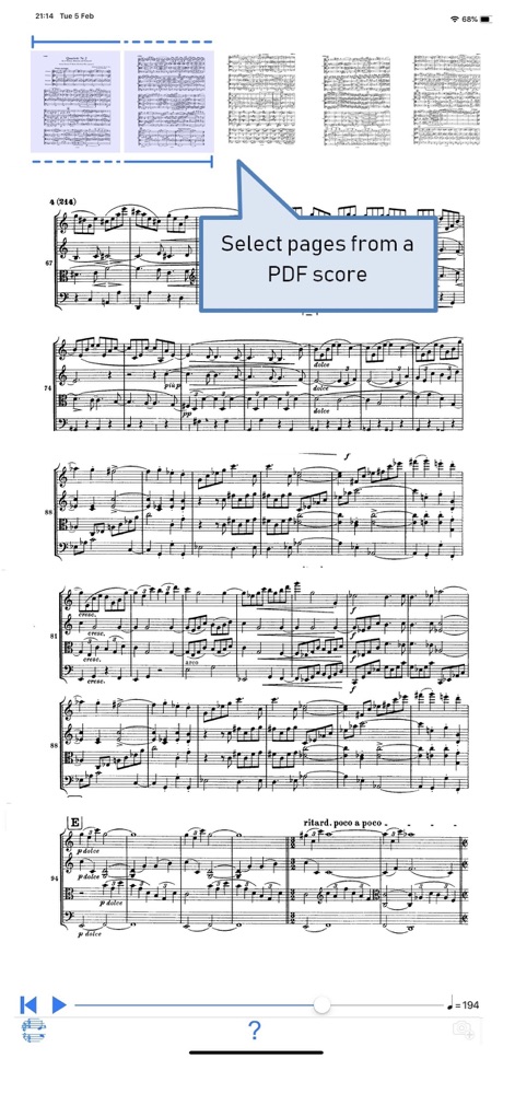 PlayScore 2 - La aplicación ofrece una gestión intuitiva de documentos PDF, posibilitando a los usuarios seleccionar páginas específicas y visualizarlas a través de miniaturas organizadas en la interfaz.