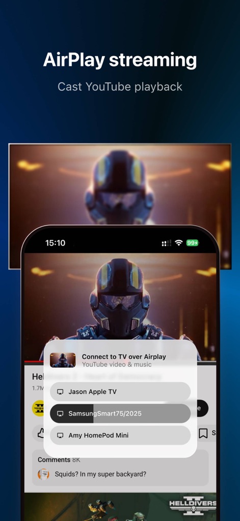 Tube PiP: PiP for Youtube - Visualisez l'option de diffusion AirPlay intégrée, permettant de transférer facilement la lecture vidéo ou audio vers un Apple TV ou d'autres appareils compatibles. 
