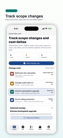 Scope Change Cost Ledger のスクリーンショット