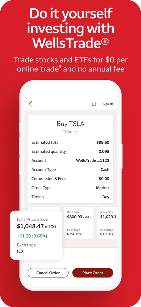 Wells Fargo Mobile® - Users can manage their WellsTrade® investments, viewing detailed order information and real-time stock price data for informed decisions.