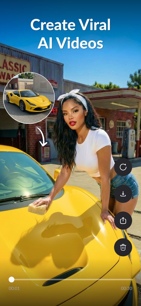 AI Photo Video Generator: AURA - Generate viral AI videos with ease, demonstrating transformations like placing a user into a dynamic scene with a luxury sports car and providing clear video action buttons.