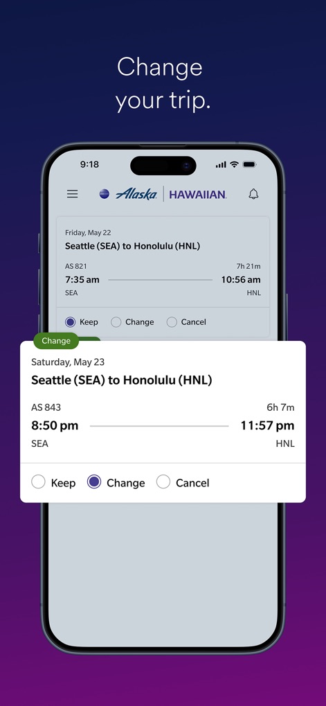 Alaska Hawaiian - フライト変更