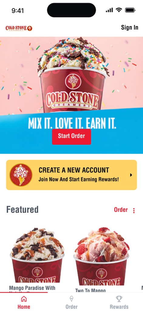Cold Stone - The app's welcoming interface highlights key actions like the 'Start Order' button and the engaging 'Create A New Account' banner to onboard new users.