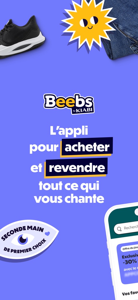 Beebs: Baby & Kids Second-hand - このアプリは、ユーザーが欲しいものを売買できることを強調しています。画面下部には「プレミアムな中古品」のバッジとアプリ内の日替わりセールが表示されています。