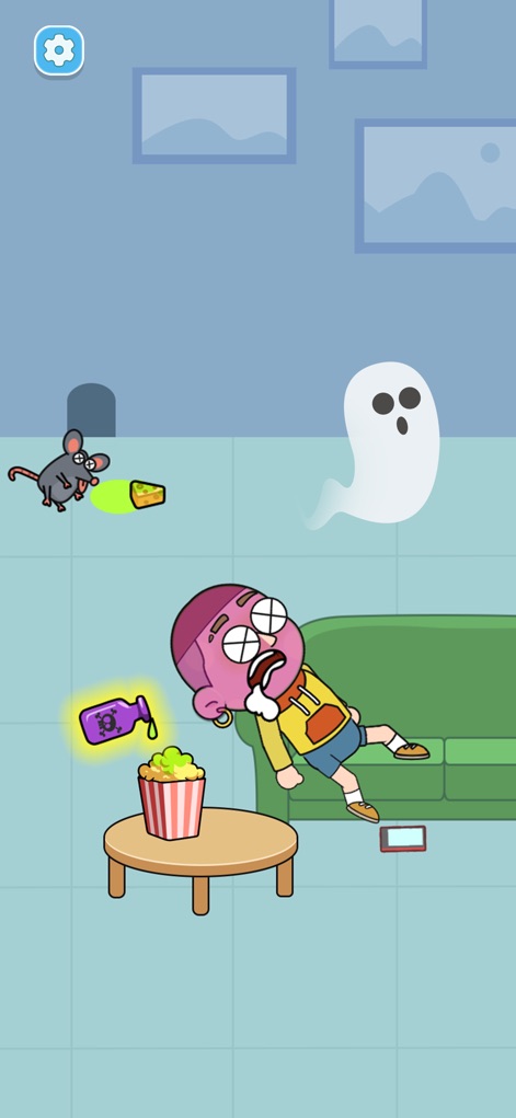 Death Puzzle - Observe the cartoonish scene of a character's demise after consuming poisoned popcorn, while a mischievous mouse with cheese adds to the peculiar narrative.