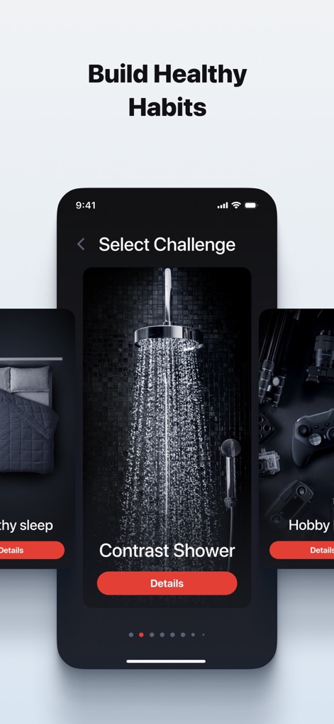 Dr. Kegel: For Men’s Health - Engage with 'Daily Challenges', encouraging users to 'Select Challenge' from options like 'Contrast Shower' or 'Healthy sleep' to build beneficial habits.