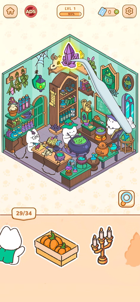My Sticker Room - Decor Game - Witness the engaging sticker placement mechanic with tweezers as users complete a fantastical potion lab scene, bringing magical elements to life.