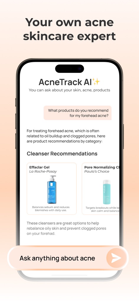AcneTrack – Your Acne Journey - The app features an interactive 'AcneTrack AI' chat interface that offers tailored 'product recommendations' to address specific concerns like forehead acne.