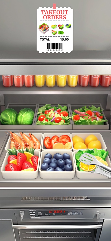 Cooking Fun®: Food Games - Discover the vibrant fresh food counter, offering various crisp salads and an array of colorful fresh fruits for health-conscious customers.