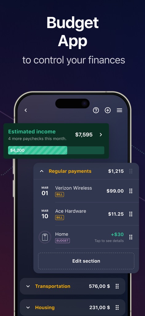 PocketGuard – Budgeting App - The app clearly displays 'Estimated income' and itemized 'Regular payments' like the Verizon Wireless bill, helping users understand their financial flow.