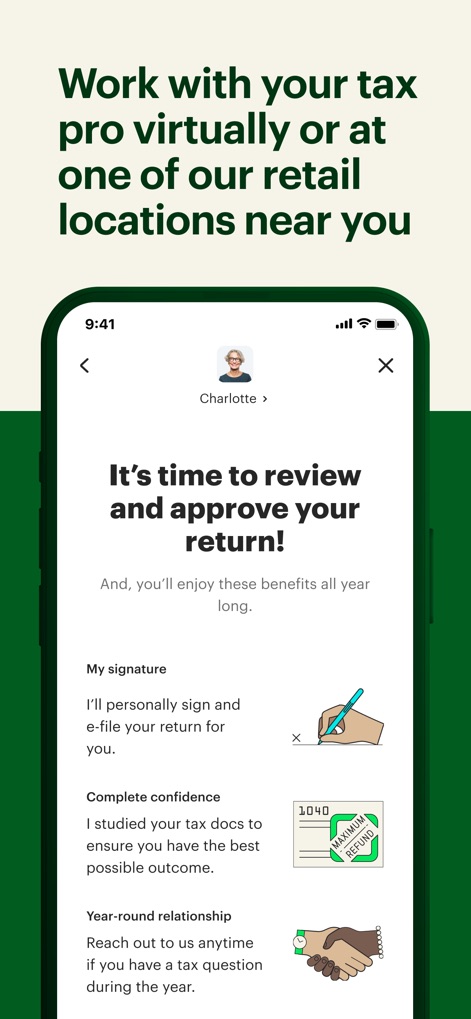 MyBlock: Tax Docs & Refund - Users can effortlessly review and approve their tax return through the app, with visual cues like the e-signature icon and the 1040 form illustration guiding them.