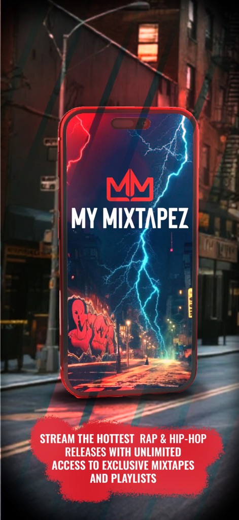 MyMixtapez: Playlists 24/7 - The app's splash screen with its bold logo and compelling text overlay immediately signals its focus on exclusive hip-hop content and unlimited access.