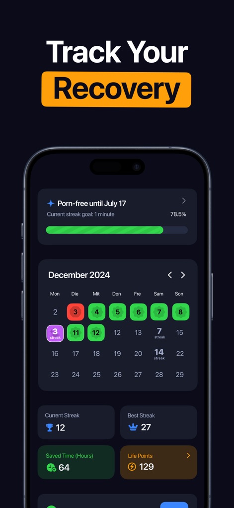CURE: Quit Porn Addiction - Nutzer können ihre Fortschritte im Kalender verfolgen, wo erfolgreiche Tage grün markiert sind, und wichtige Metriken wie die aktuelle Serie und gesparte Zeit übersichtlich dargestellt werden.