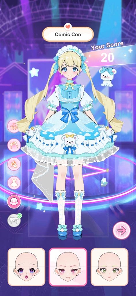 Love Idol: Beauty Dress Up - The app offers themed dress-up challenges, as shown by the 'Comic Con' banner and the detailed blue maid outfit, alongside a diverse selection of makeup options for personalized looks.