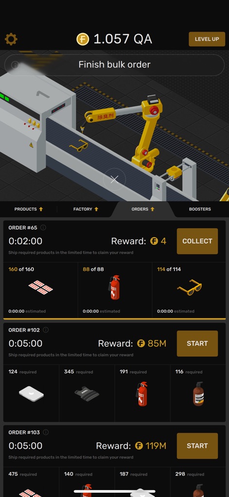 Factory: Idle & Tycoon Game - The app's interface provides clear oversight of client demands, allowing users to track specific item requirements and manage pending bulk orders.