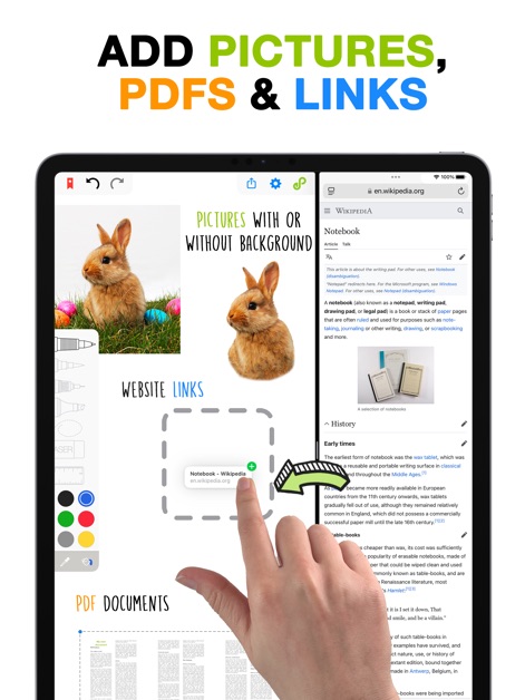 Endless Paper - Users can seamlessly integrate images and PDF documents directly into their canvases, alongside clickable website links for comprehensive content.