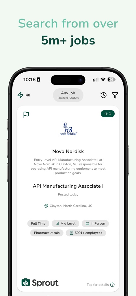 Sprout - AI Job Search - Users can explore millions of job postings, with each job card clearly presenting essential details like company type and employment specifics.
