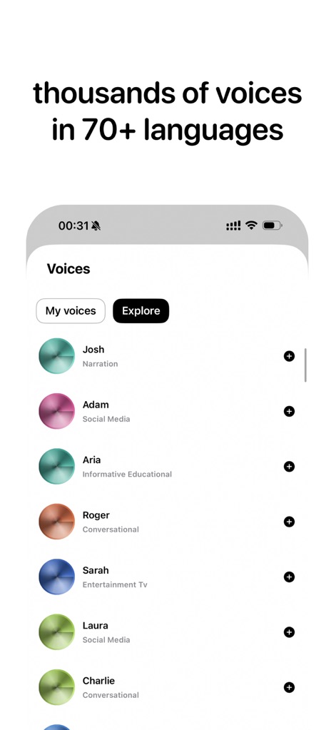 Labs AI Voice Generator - Esta tela revela a vasta biblioteca de vozes, permitindo aos usuários explorar e escolher entre perfis variados, como 'Josh' para narração ou 'Sarah' para entretenimento, organizados por categorias e prontos para uso.