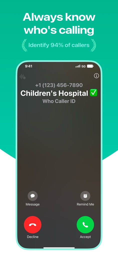 Who: Premium True Caller ID - See how the app accurately identifies 94% of callers, displaying crucial information like 'Children's Hospital' directly on the incoming call screen.