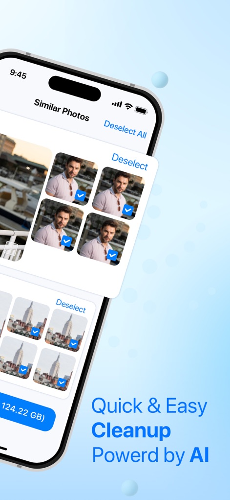 AI Cleaner:Clean Phone Storage - Esta captura de pantalla demuestra la capacidad de la aplicación para identificar y gestionar fotos similares con una interfaz intuitiva. Se observa claramente la frase 'Quick & Easy Cleanup Powered by AI' y los recuadros con verificación sobre las imágenes que permiten la selección y deselección de elementos para una limpieza precisa.