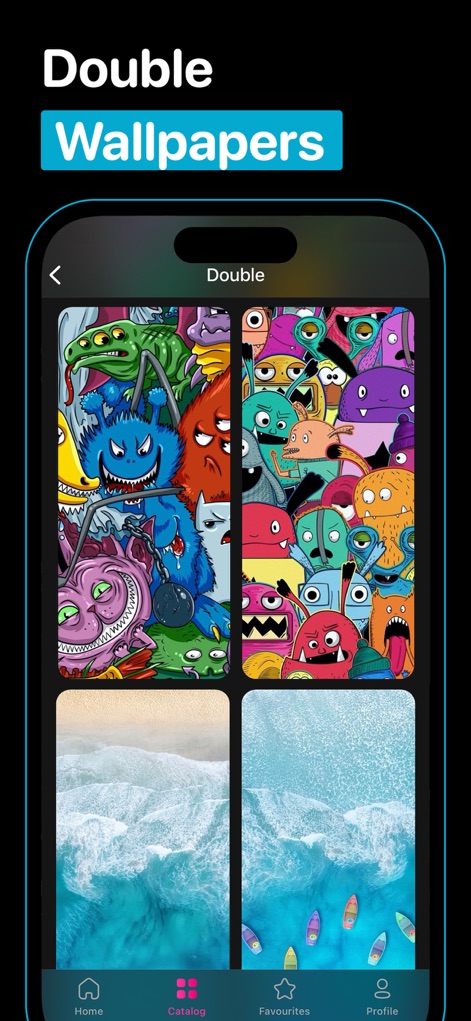 WallpX iPhone Wallpapers 17 4K - The app highlights its Double Wallpapers feature, offering perfectly matching lock and home screen sets visible within the app's organized catalog view.