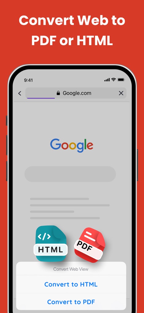 PDF Converter - PDF Editor・ - Convert web pages directly to PDF or HTML formats, as shown with the Google.com page and the distinct 'Convert to HTML' option.