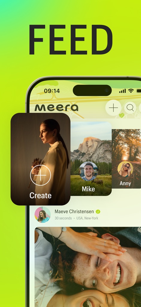 Meera: Messenger, video calls - This view showcases the app's engaging "Road feed" for content consumption, featuring diverse user-generated posts and a prominent 'Create' button for sharing new Moments.