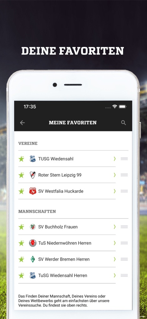 FUSSBALL.DE - Hier können Nutzer ihre bevorzugten "Vereine" und "Mannschaften" für schnellen Zugriff speichern, wodurch stets die aktuellsten Informationen zu den gewählten Teams verfügbar sind.