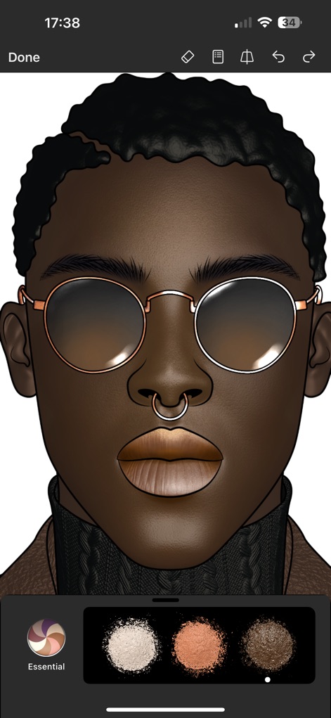 Prêt à Makeup - Esta herramienta permite experimentar en plantillas de rostro masculinas (X) destacando la textura de piel realista (Y) para resultados auténticos.