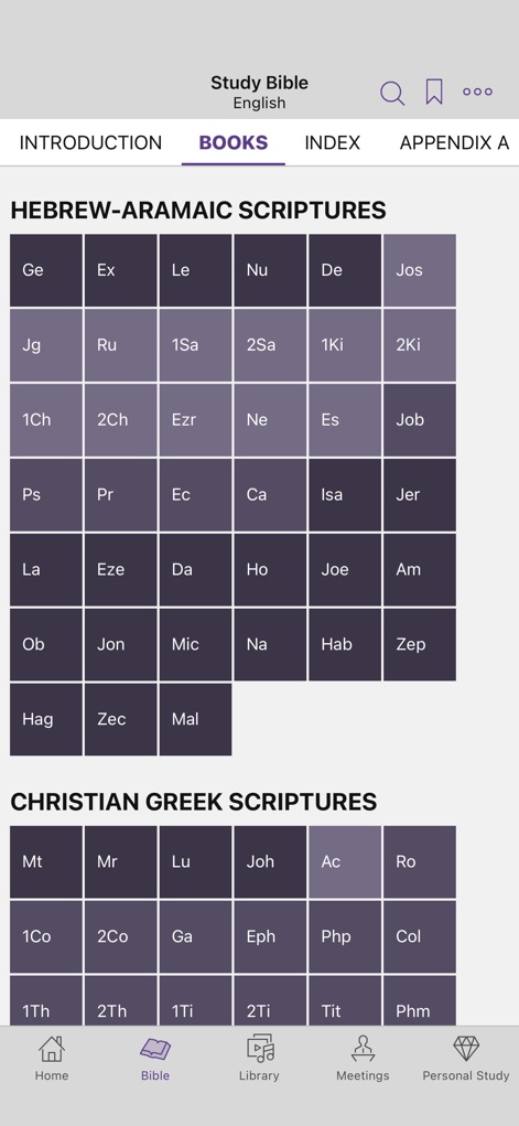 JW Library - This view illustrates the structured organization of Bible books, segmented into "Hebrew-Aramaic Scriptures" and "Christian Greek Scriptures," making specific book selection straightforward and efficient.