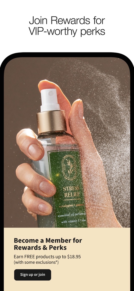 Bath & Body Works | B&BW - The app encourages loyalty by detailing the benefits of its rewards program, allowing users to earn points toward free products and easily sign up or join for perks.