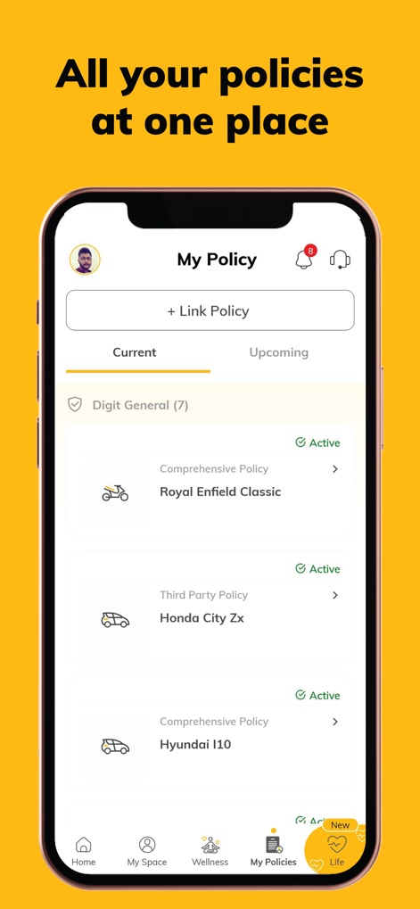 Digit Insurance - Users gain a transparent overview of their active policies, such as 'Royal Enfield Classic' and 'Honda City Zx', each clearly marked with its current status for easy tracking.