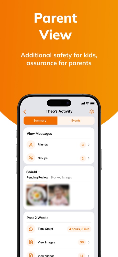 Stars Messenger Kids Safe Chat - Visualisez le tableau de bord d'activité détaillé, permettant aux parents de suivre le temps passé sur l'application et de consulter l'historique des contenus bloqués par le 'Shield +'. Ce contrôle parental offre une vue complète de l'usage de l'enfant.