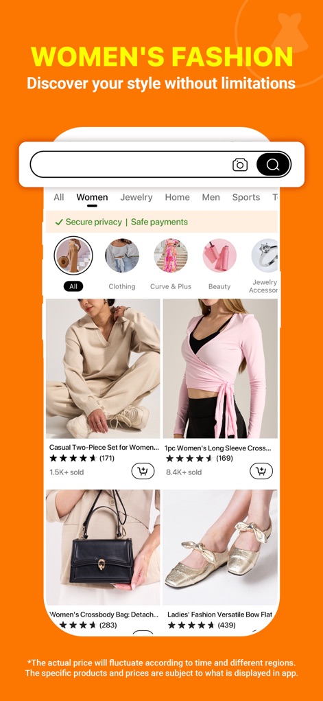 Temu: Shop Like a Billionaire - このスクリーンショットは「WOMEN'S FASHION Discover your style without limitations」という明確な見出しの下、多数の女性向けファッションアイテムを詳細な商品リストとユーザー評価と共に提示しています。