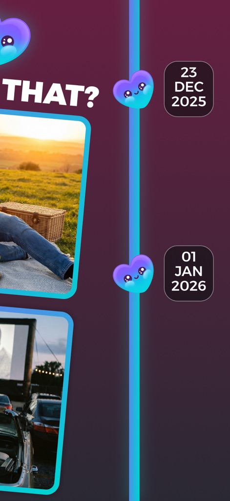 Lovio - Couples App & Widgets - Examine how the app presents "This or That?" quiz options with clear visual scenarios, such as a romantic "picnic scene" versus an exciting "drive-in movie scene."