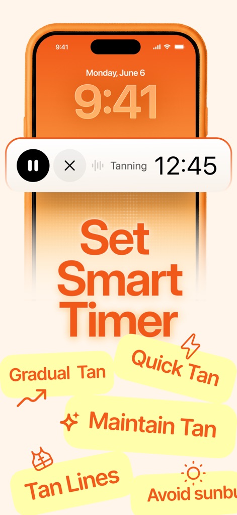 Tan AI: Tanning app - Users can easily "Set Smart Timer" within the app, choosing from various tanning goals such as "Gradual Tan" or "Quick Tan" for precise sun exposure management.
