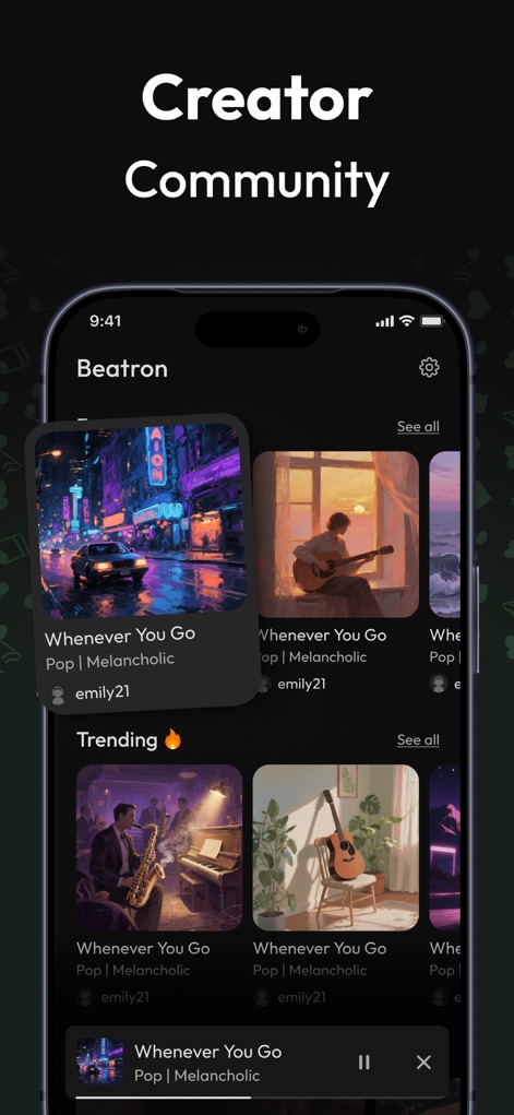 Beatron : AI Song, Music Maker - Die "Creator Community" präsentiert eine lebendige Übersicht von Trending-Songs mit ansprechenden Album-Covern und ermöglicht es den Nutzern, Kreationen von anderen Mitgliedern wie 'emily21' zu entdecken.