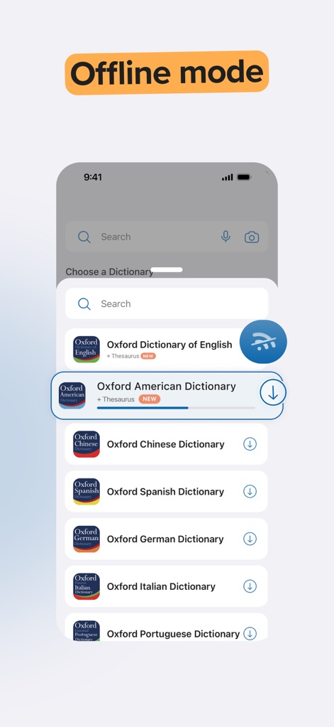 Oxford Dictionary & Thesaurus - O recurso de "modo offline" é claramente indicado por um ícone de nuvem com chuva, permitindo que os usuários baixem dicionários, como o Oxford American Dictionary, para acesso sem conexão à internet.