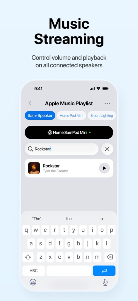 Smart Things: Remote Control - This tool enables seamless music streaming across compatible speakers, featuring a search bar for finding tracks and clear speaker selection options.