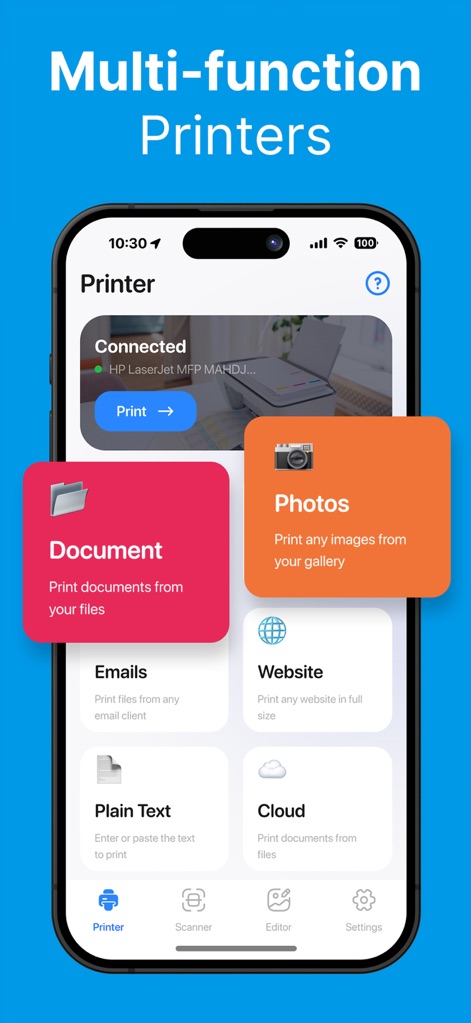 Printer: Smart Print App - Le tableau de bord offre une interface centralisée pour accéder à toutes les fonctions, permettant d'imprimer depuis diverses sources comme les documents, photos, e-mails ou pages web.