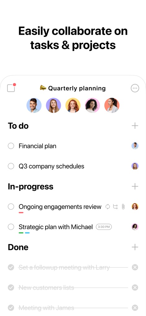 Any.do: To do list & Planner - Gli utenti possono gestire i progetti attraverso una chiara suddivisione delle attività in "To do", "In-progress" e "Done", con le immagini del profilo che mostrano i membri del team coinvolti.