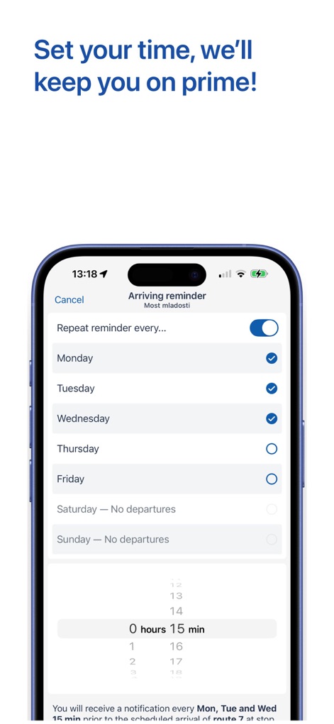 ZET info - Users can effortlessly configure personalized arrival reminders for designated days of the week and precisely set the desired notification lead time before their journey.