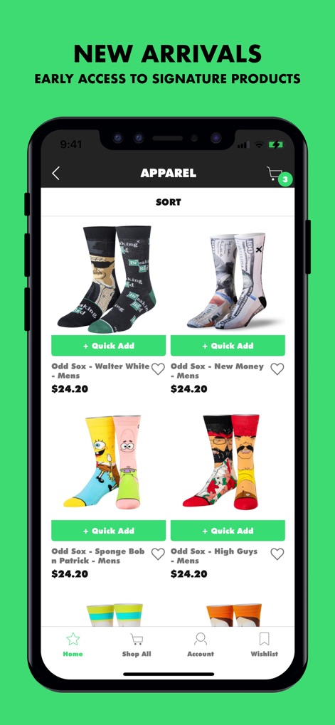 Everything 420 - このアプリは、多様な「Odd Sox」の靴下をグリッド表示し、ユーザーが各アイテムを「クイック追加」ボタンで素早くカートに加えることを可能にします。