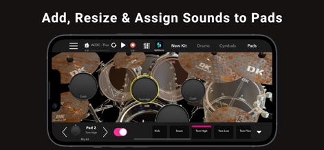 DrumKnee 3D Drums - Drum set - ユーザーは、パッドのサイズ調整や、キック、スネア、タムなどのサウンドの割り当てを直感的なインターフェースで行えます。