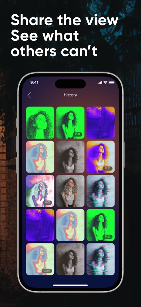 Thermal & Night Vision Camera - The app allows users to revisit their diverse collection of filtered captures and easily share them instantly across social media and messaging platforms.