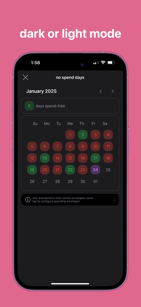 Budget Bestie - 사용자는 캘린더를 통해 지출 없는 날을 어두운 테마로도 확인할 수 있으며, 다양한 색상으로 표시된 날짜들을 통해 자신의 지출 패턴을 선호하는 화면 모드에서 분석할 수 있습니다.
