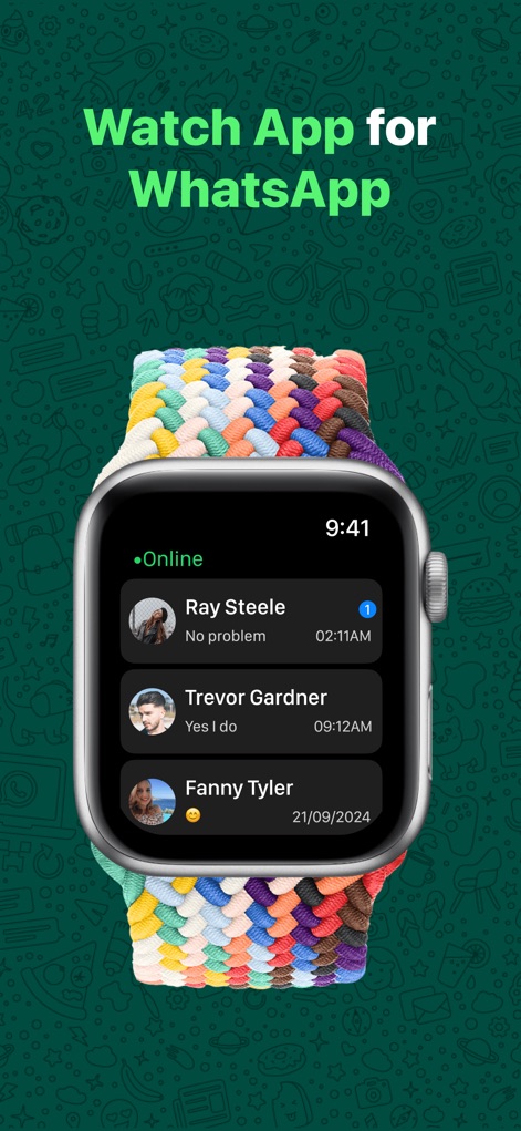 WatchsApp - Chat on Watch - The app presents a clear list of active chats and an 'Online' indicator, allowing users to effortlessly monitor their WhatsApp conversations directly on their wrist.
