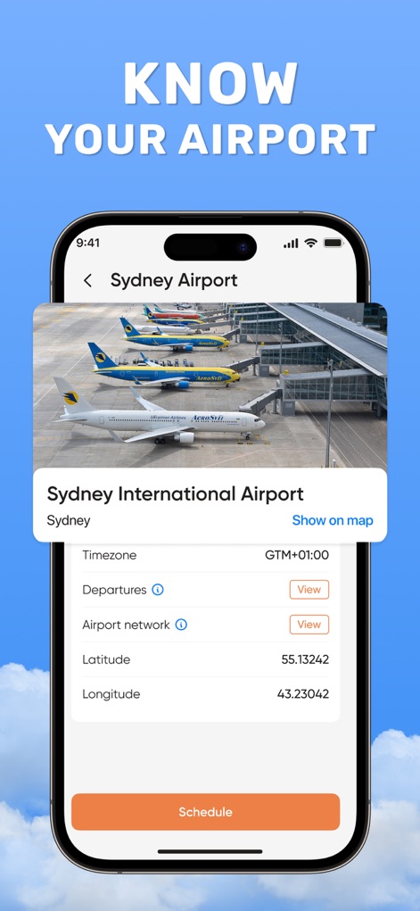 Flight Tracker: Plane Radar 24 - Los usuarios pueden explorar datos detallados de un aeropuerto (Sydney International Airport) y visualizar una imagen de la terminal, junto con información técnica como la latitud y longitud.