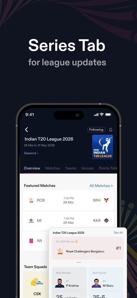 CREX - Just Cricket - This tool presents a comprehensive series overview and highlights top-performing player statistics within tournaments.